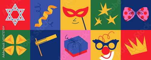 Vector background with carnival symbols and traditional Jewish items. Happy Purim concept.