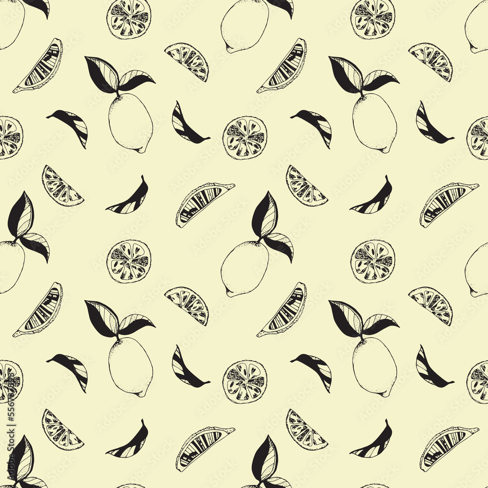 Fototapeta premium Graphic black vector seamless pattern Lemons.Texture for wrapping paper, fabrics, decor, banners.