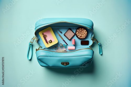 Things from open lady purse. Cosmetics and women's accessories fell out of blue handbag on colourful background. Top view. stock photo Fashionable, Fully Unbuttoned, Open, Purse, Women. Generative AI photo