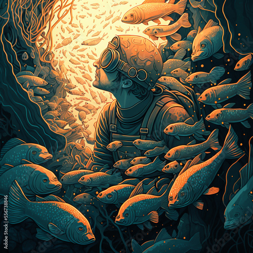 Underwater portrait of a scuba diver boy surrounded by flock of fish. Concept of children's storybook. 