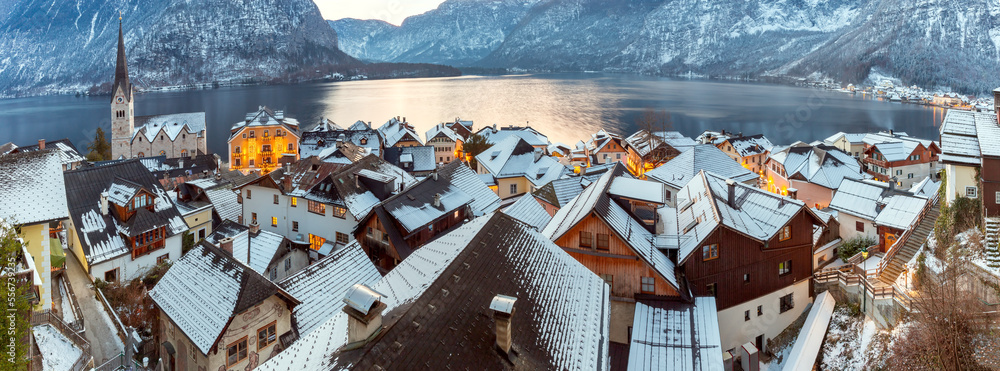 Hallstatt. Panoramic view of the old part of the city at dawn.