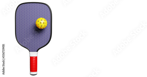 Racket paddle and plastic ball with holes for playing pickleball on a transparent background. American sport top view 3D rendering