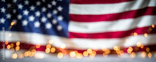 Defocused US flag with bokeh lights. Fourth of July Independence Day background