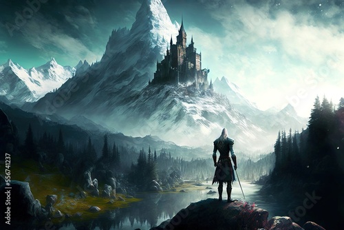Fényképezés A witcher stands in front of an epic foggy landscape with a huge mountain with a