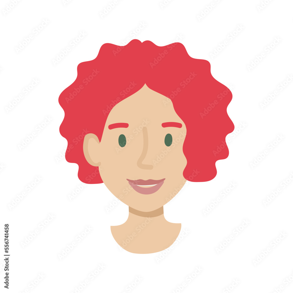 Girl face flat. Friendly young woman with short curly red hair. Hand drawn vector illustration. Girl face flat. Friendly young woman with short curly red hair. Hand drawn vector illustration.