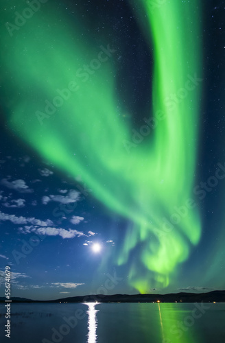 Bright green aurora with moon flaming over Harding Lake, Interior Alaska in autumn; Fairbanks, Alaska, United States of America