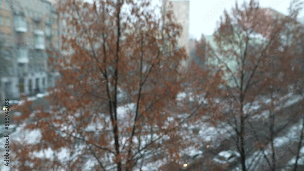 Panoramic view of a city street during snowfall. City life in winter Panoramic view of a city street during snowfall. City life in winter