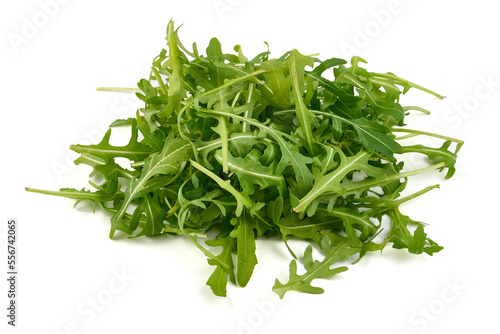 Fresh vegetarian arugula salad, isolated on white background. High resolution image.