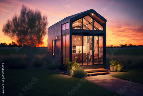Fotobehang Designer bungalow with panoramic windows tiny house on background of sunset