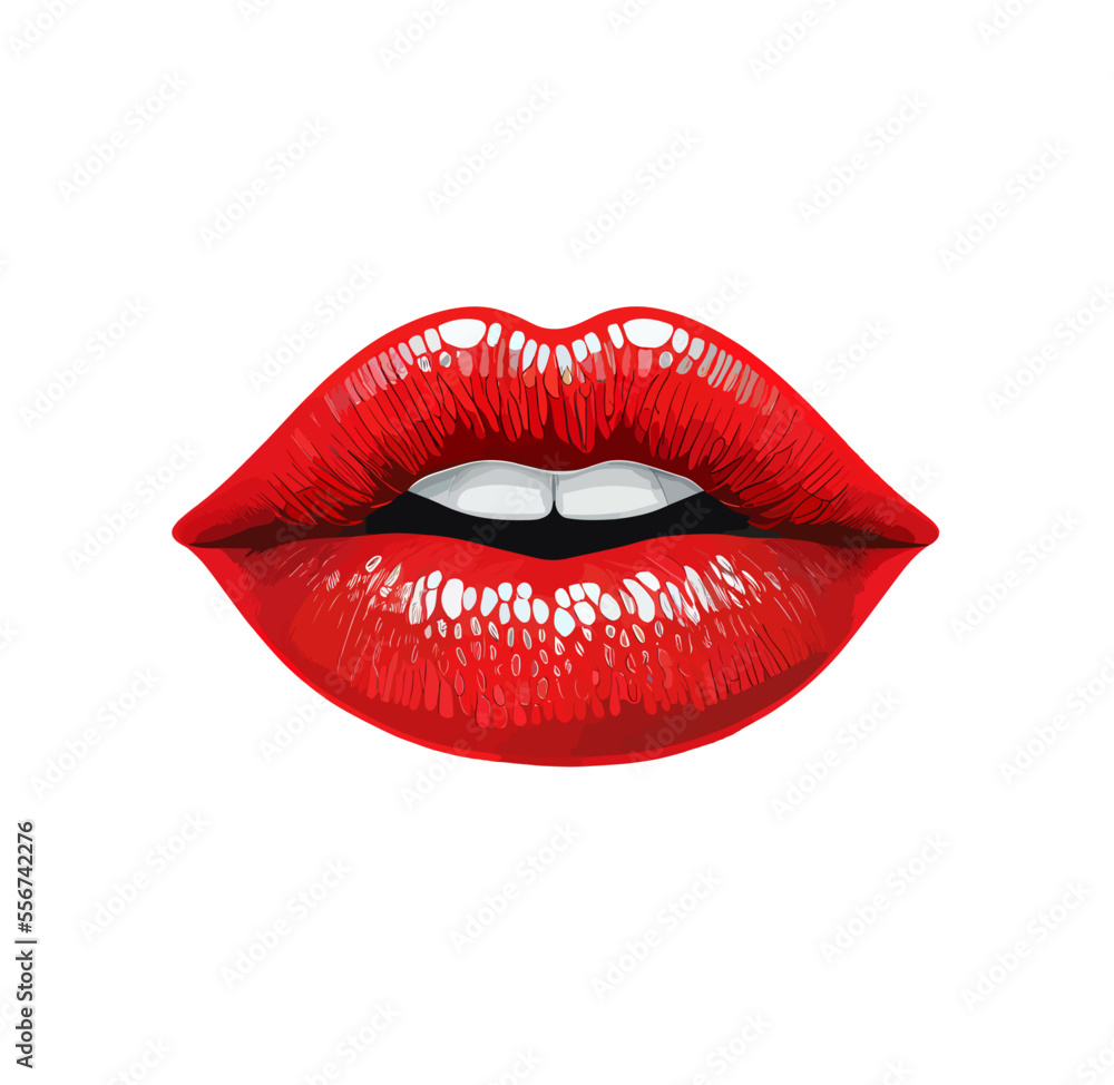 Beautiful female lips in red lipstick. Vector illustration of lush female lips - obrazy, fototapety, plakaty 