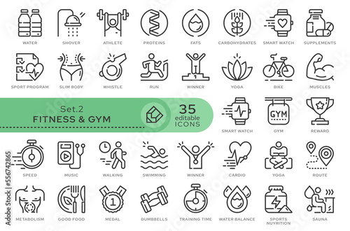 Set of conceptual icons. Vector icons in flat linear style for web sites, applications and other graphic resources. Set from the series - Fitness and GYM. Editable outline icon.	