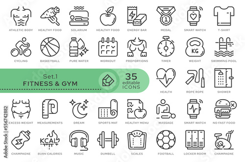 Set of conceptual icons. Vector icons in flat linear style for web sites, applications and other graphic resources. Set from the series - Fitness and GYM. Editable outline icon.	