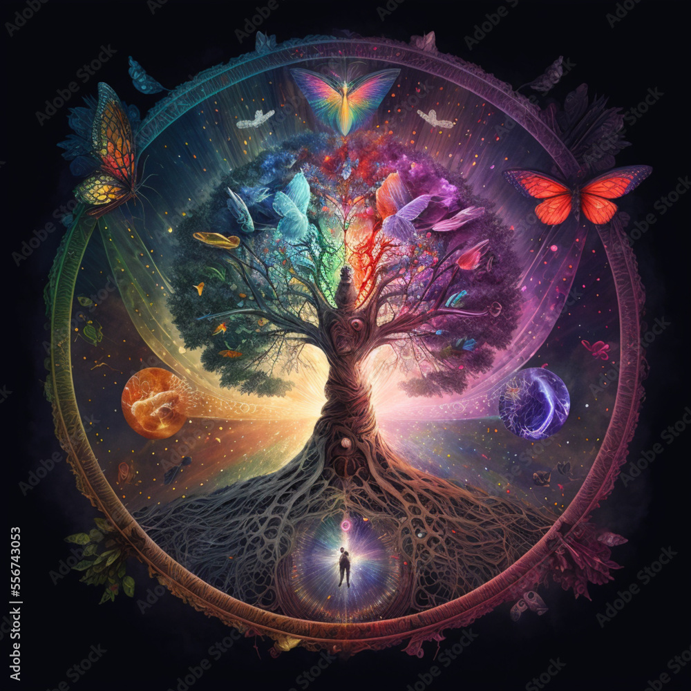 The World Tree with chakras and butterflies, facilitation of meditation