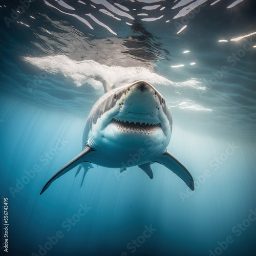 A head-on closeup of a white shark