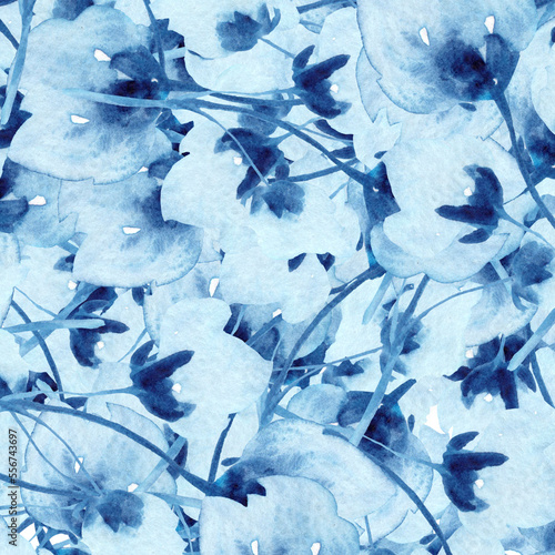 Abstract watercolor blue background. Traditional pattern of branches and flower