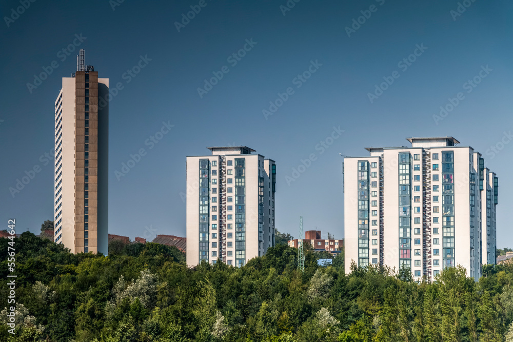 Three high rise building towering above a groundscape of green trees; England Three high rise building towering above a groundscape of green trees; England