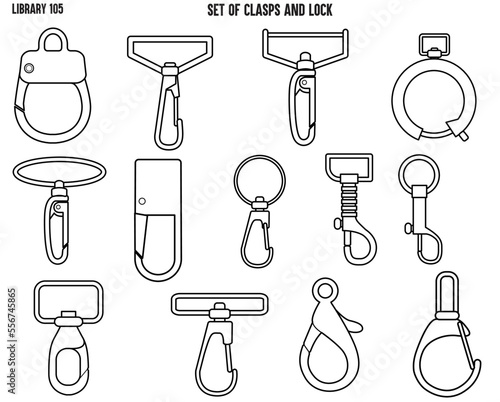 CLASPS, ACCESSSORIES FASTNERS  BAGS FASTNERS, BACKPACK FASTNERS AND LOCK FLAT SKETCH VECTOR ILLUSTRATION SET