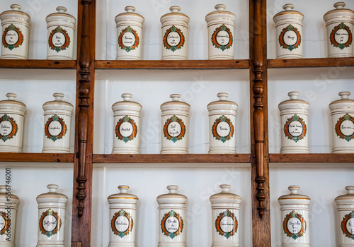 Jars with medical compounds in the pharmacy of the Santa Casa da Misericordia Bahia, Museu da Misericordia (Museum of the House of Mercy); Salvador, Bahia, Brazil photo