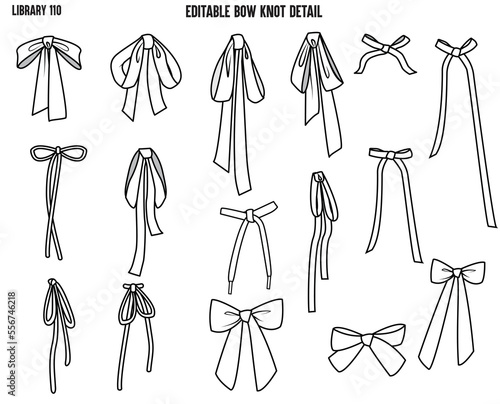 SET OF BOW KNOTS AND DRAWSTRING TIE UPS USED FOR WAIT BAND AND BACK TIE UPS DESIGNED FOR GARMENTS DRESSES TOPS AND APPARELS IN EDITABLE VECTOR 
