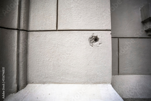 Close-up of a bullet hole inside the Museum of the Revolution provides evidence of war; Havana, Cuba photo