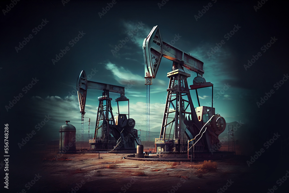 Oil and gas industry. Working oil pump jack on a oil field. Generative Ai