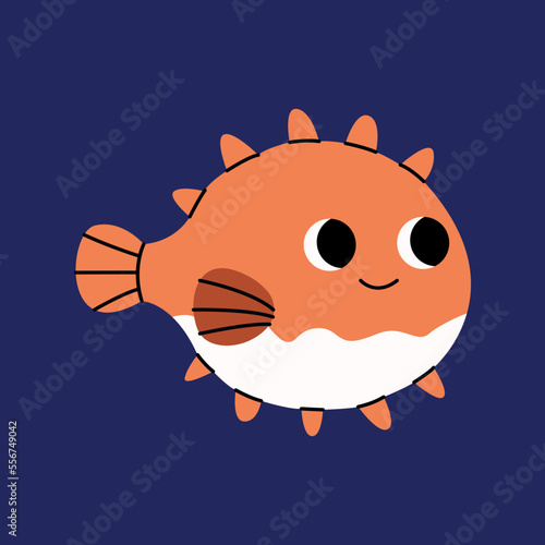 Cute orange puffer fish swimming, marine animal. Inhabitants of sea, ocean underwater life. Childish aquatic mammals print for nursery, kids apparel, poster, postcard, pattern. Cartoon vector.