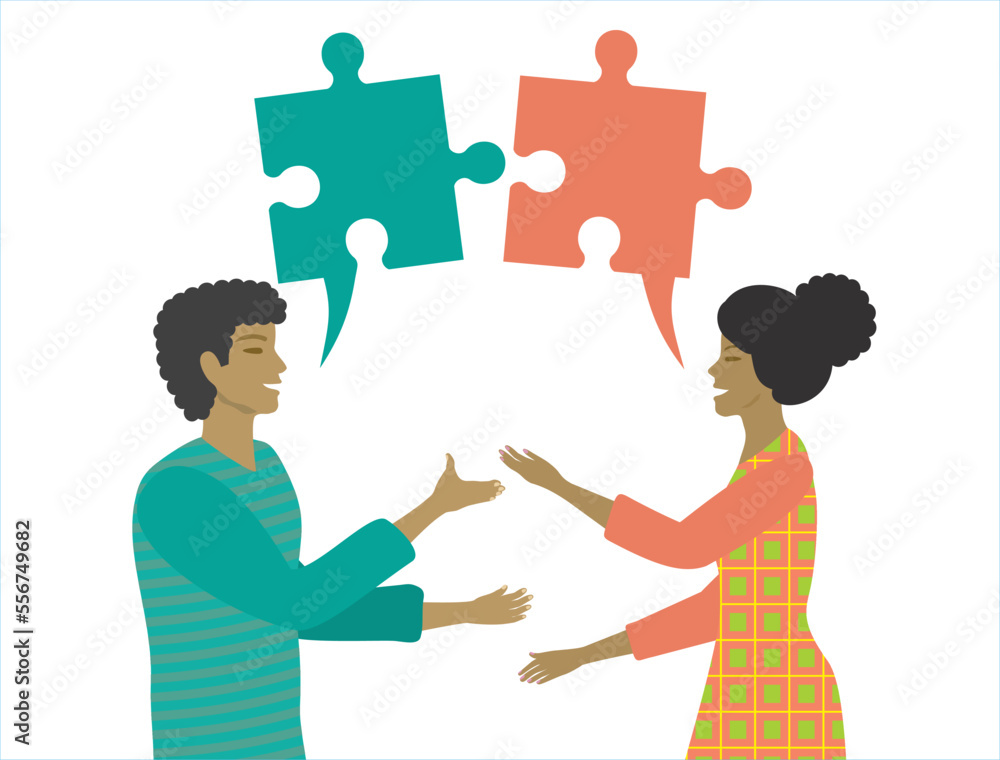 Couple, man and woman communicate with each other. Speech bubbles looking like jigsaw, puzzle pieces. Isolated on white. Vector illustration. Couple, man and woman communicate with each other. Speech bubbles looking like jigsaw, puzzle pieces. Isolated on white. Vector illustration.