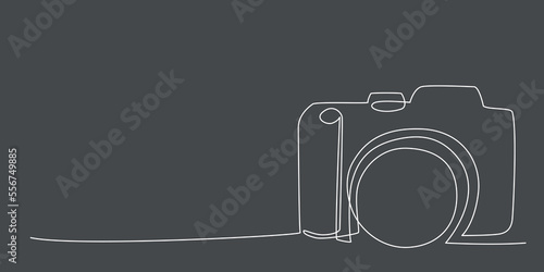 Decoration continuous line hand drawing photo camera for wedding photo book, invitations. Vector stock illustration minimalism design isolated on black background. Editable stroke single line. 