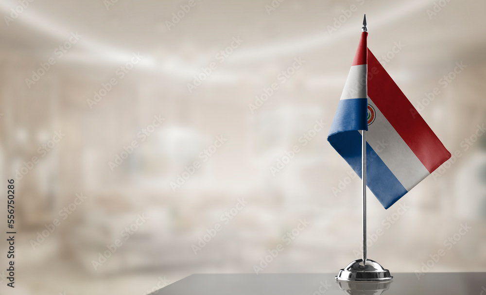Fototapeta premium A small Paraguay flag on an abstract blurry background