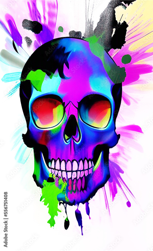 Death concept, colored skull head isolated over white background illustration