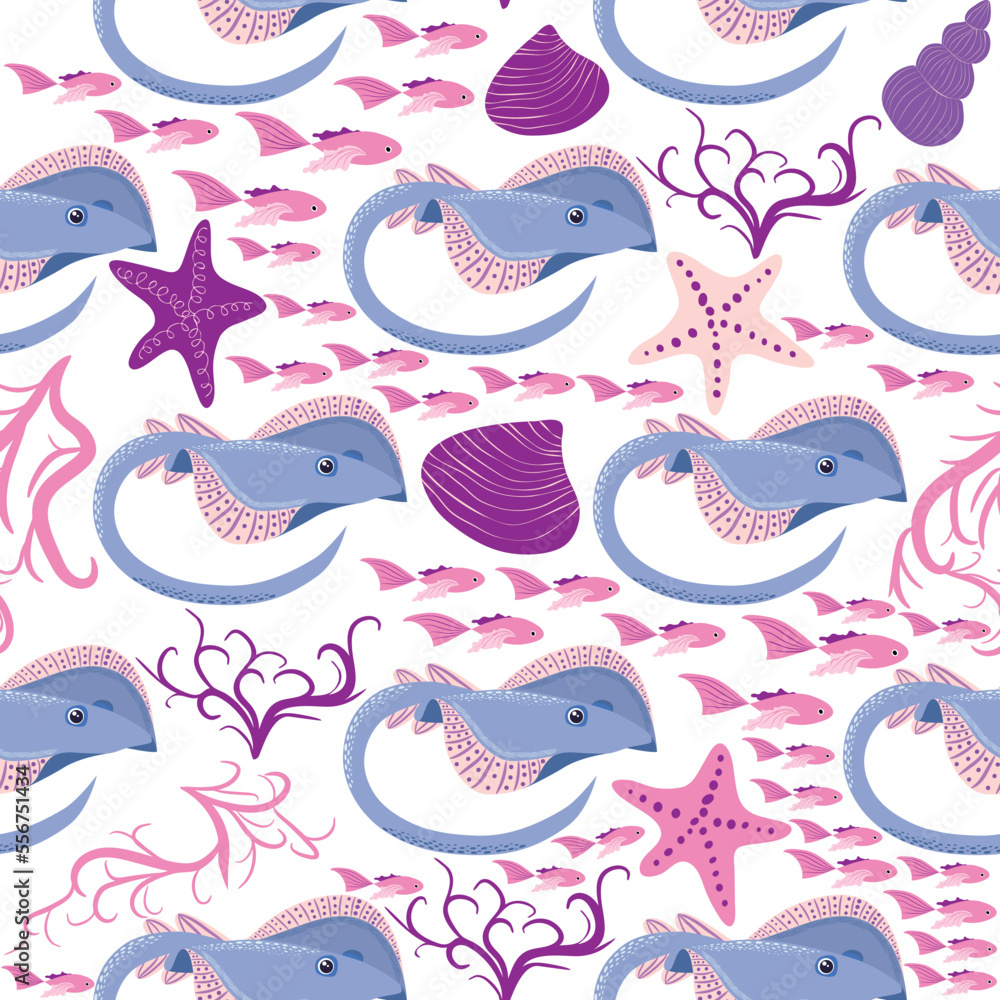 Batomorphi sea life, fish, animals bright seamless pattern. sea travel, snorkeling with animals, tropical fish Batomorphi sea life, fish, animals bright seamless pattern. sea travel, snorkeling with animals, tropical fish