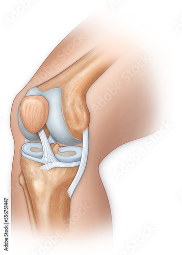 Illustration of knee bones and ligaments; Illustration photo