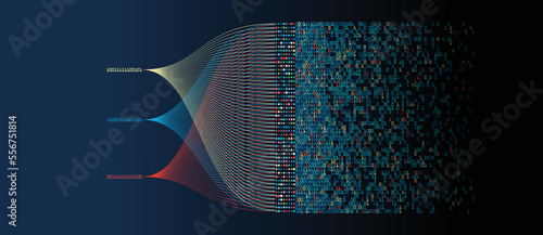 Big data technology and data science illustration. Data flow concept. Analysing, visualizing complex information. Neural network for artificial intelligence. Data mining. Business analytics.