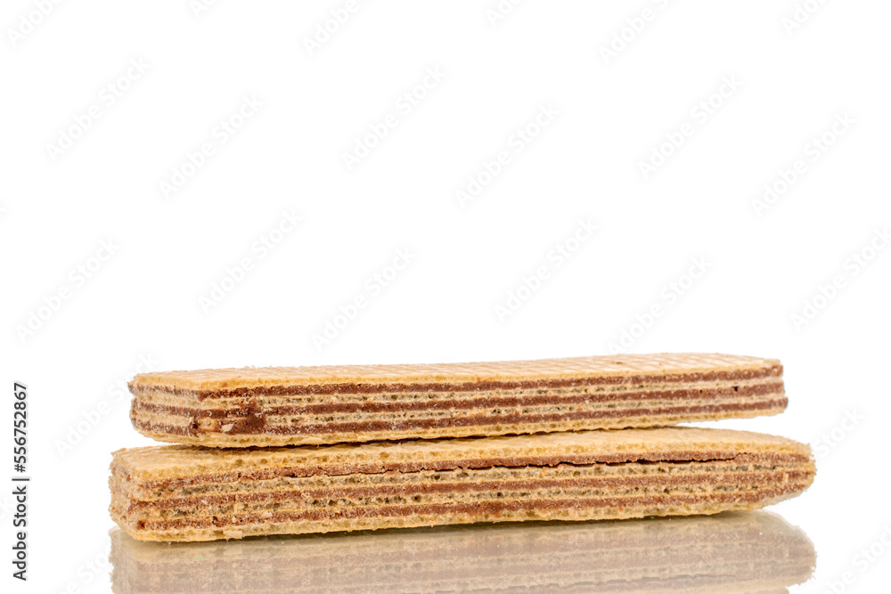 Two sweet chocolate wafers, close-up, isolated on white background. Two sweet chocolate wafers, close-up, isolated on white background.