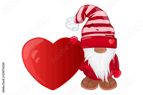 Cute Valentine gnome with heart isolated on white background. Happy Valentines day design. Sweet dwarf in love. Lovely elf holding big love heart. Stock vector illustration