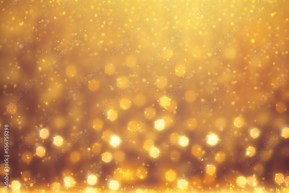Abstract gold bokeh background with golden lights and sparkling gold glitter banner wallpaper, 