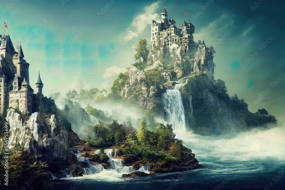 Fantasie Landschaft mit Schloss und Wasserfall