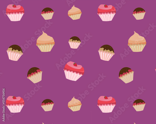 Different cupcakes, cakes, sweets, purple background, Surface design for textile,fabric,wallpaper,wrapping, giftwrap,paper,scrapbook and packaging.