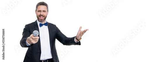 Photos man speaker wear tuxedo in studio with copy space