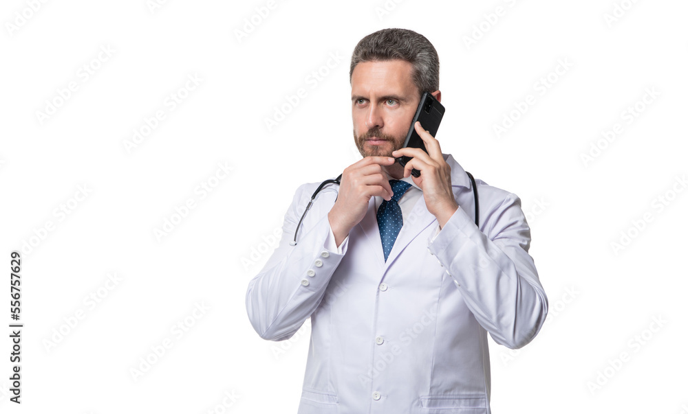 man doctor talking on phone isolated on white. doctor online consultation. doctor helpline man doctor talking on phone isolated on white. doctor online consultation. doctor helpline