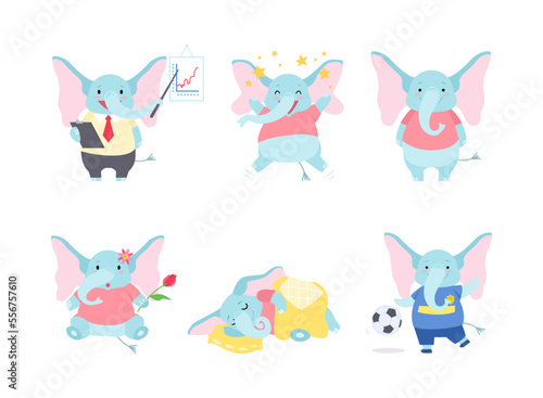 Cute Blue Elephant with Trunk Engaged in Different Activity Vector Set