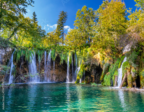 Blue sky and trees surround the waterfalls of one of the pristine Plitvice Lakes; Plitvice Lakes National Park, Croatia