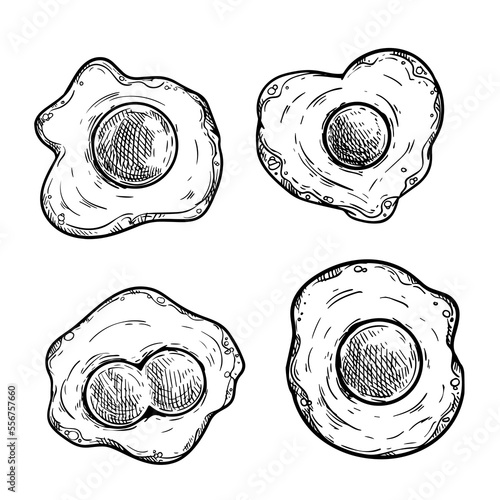 Fried egg sketch set. Hand drawn engraving vector illustration. Vector illustrations collection isolated on white.