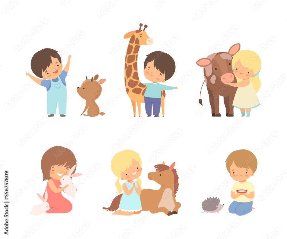 Cute Little Boy and Girl Interacting with Animal in Petting Zoo Vector Set Cute Little Boy and Girl Interacting with Animal in Petting Zoo Vector Set