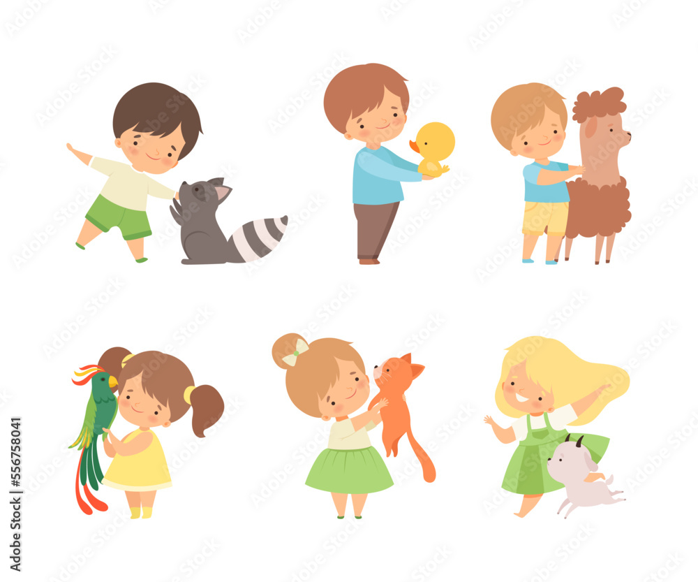 Cute Little Boy and Girl Interacting with Animal in Petting Zoo Vector Set Cute Little Boy and Girl Interacting with Animal in Petting Zoo Vector Set
