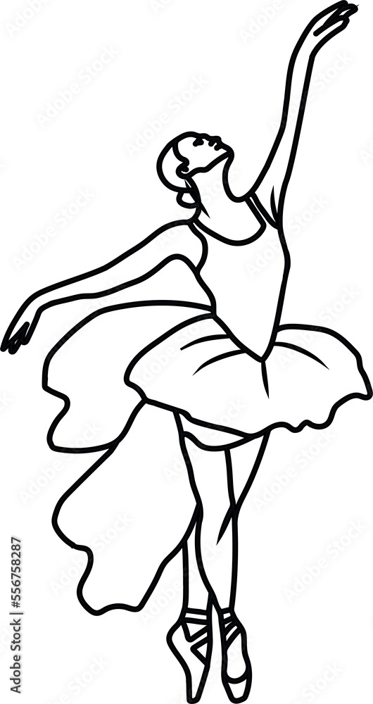 Watercolor dancing ballerina black lines. Isolated dancing ballerina. Hand drawn classic ballet performance, pose. Young  pretty ballerina women  illustration. Can be used for postcard and posters. 