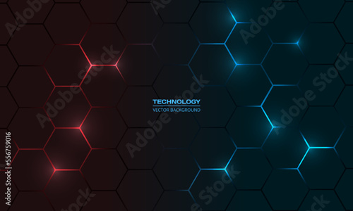 Dark red and blue hexagon abstract technology background with red and blue colored bright flashes under hexagon. Hexagonal gaming vector abstract tech background.