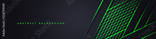 Abstract dark grey horizontal wide banner with green light lines on blank space. Futuristic dark luxury modern technology background. Vector illustration.