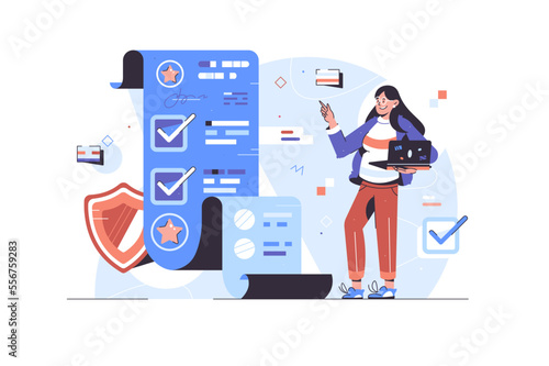 Women making goals or checklist, making notes in checkbox vector illustration. Goal achievement, planning and to do list flat style concept