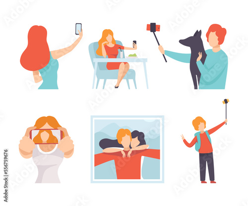 Young Man and Woman Taking Selfie with Smartphone Camera Vector Set